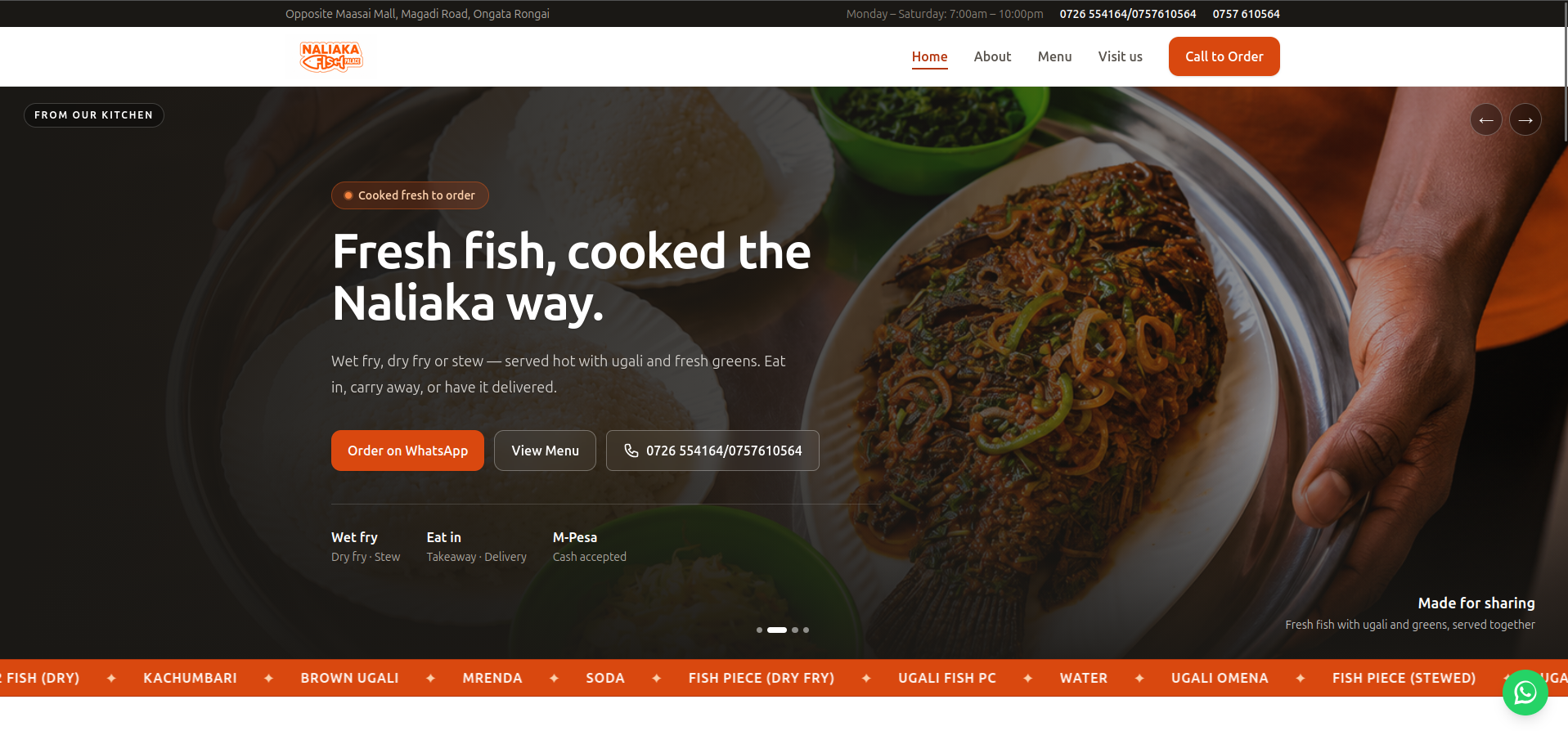 Screenshot of the Naliaka Fish Palace Restaurant Platform website